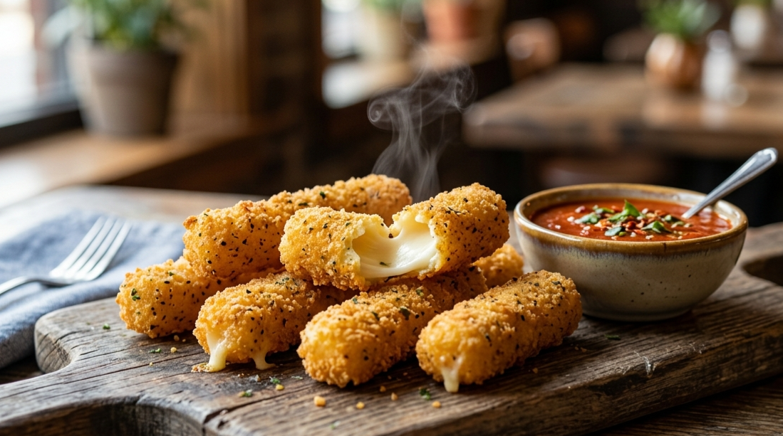 air fryer frozen mozzarella sticks golden crispy on wooden board